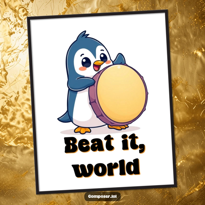 Funny Penguin Poster: A playful penguin character enthusiastically pounds a giant drum with big, captivating eyes.