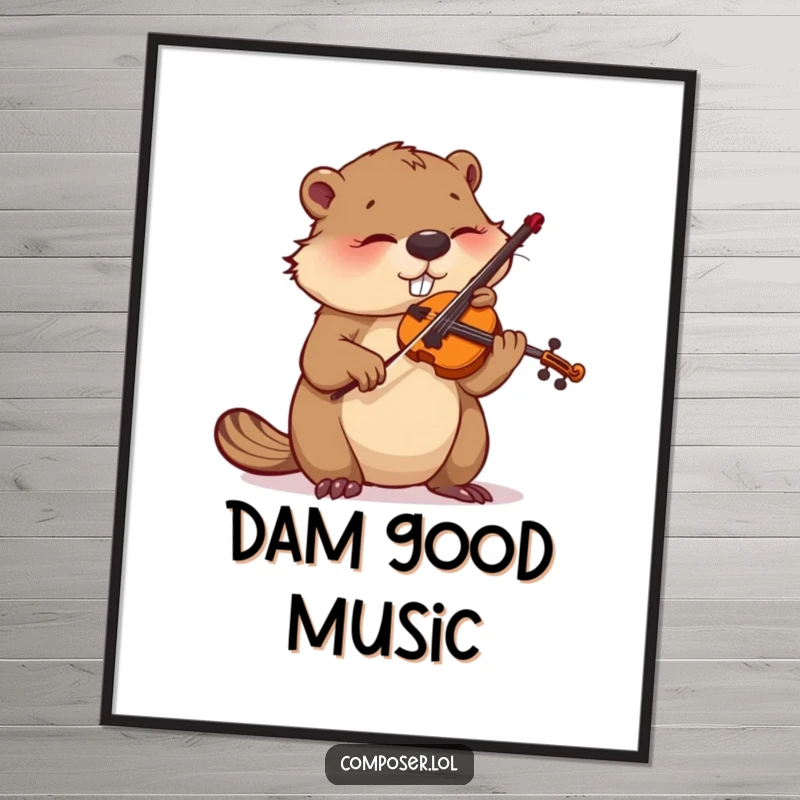 Funny poster capturing a beaver's intense focus while meticulously tuning a violin, perfect for music rooms.