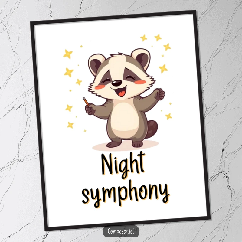 Funny poster depicting a determined badger happily conducting a vibrant orchestra of glowing fireflies with dramatic flair and energy.