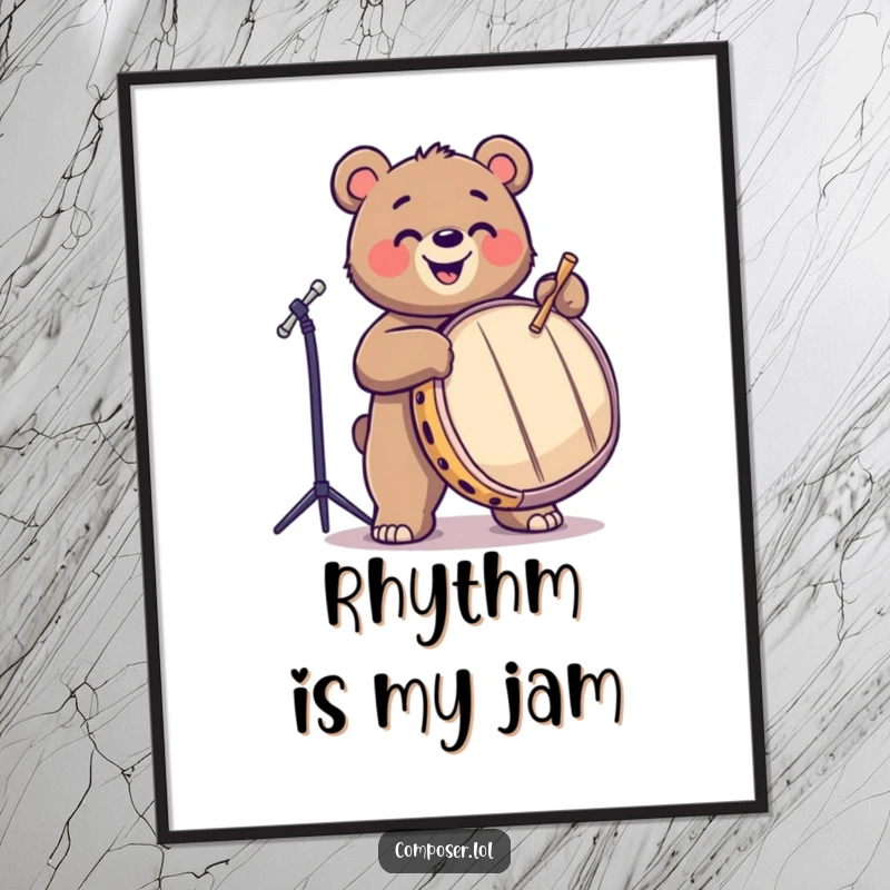 Funny, playful bear joyfully tapping a large drum with drumsticks, as wall art. Perfect for music rooms.