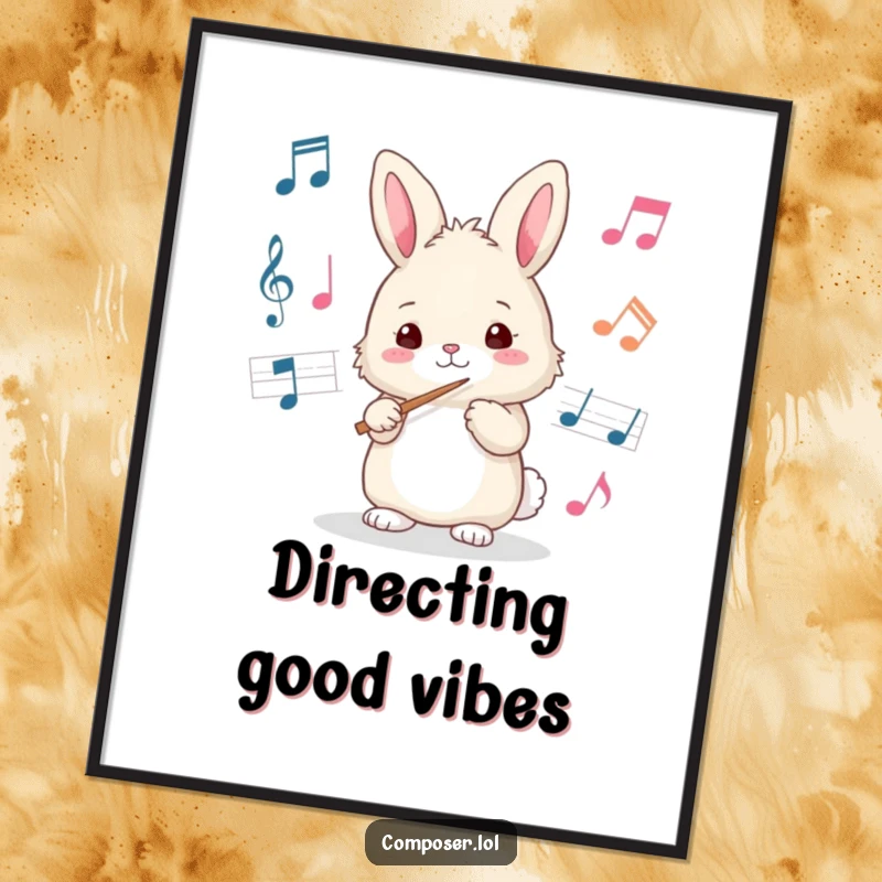 Funny bunny poster conducting a symphony with a baton, creating a lively atmosphere. A humorous wall art gift.