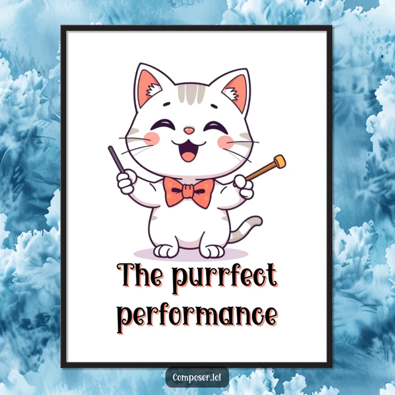 Funny poster showing a happy cat in a tiny bow tie enthusiastically conducting with a baton, embodying musical artistry.