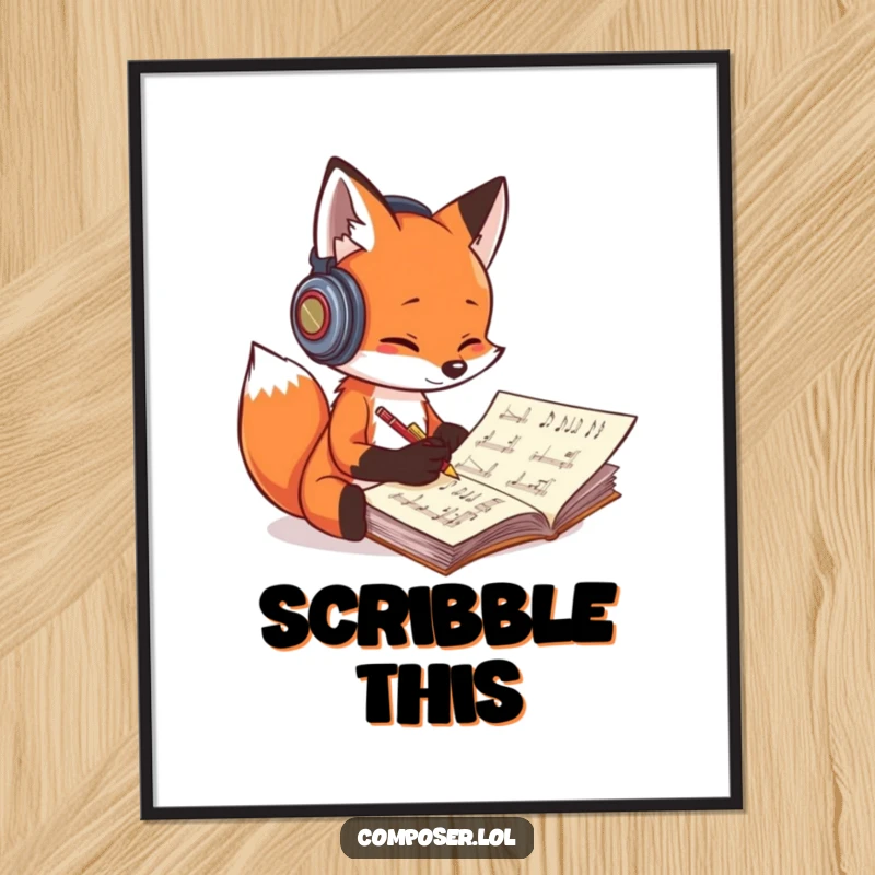 Funny fox composer poster, a fox with headphones energetically scribbling music, inspiring creativity on walls.