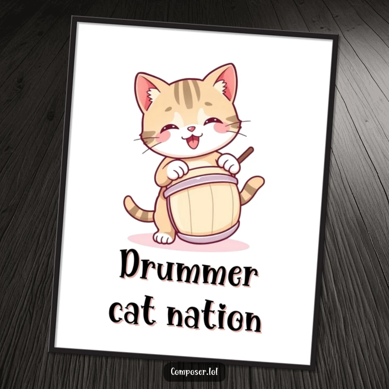 Funny poster of a cheerful kitty enthusiastically drumming, capturing a moment of pure musical bliss.
