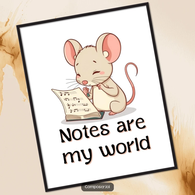 Funny poster of a curious mouse composer intensely studying a musical score, radiating intelligence and thoughtfulness.