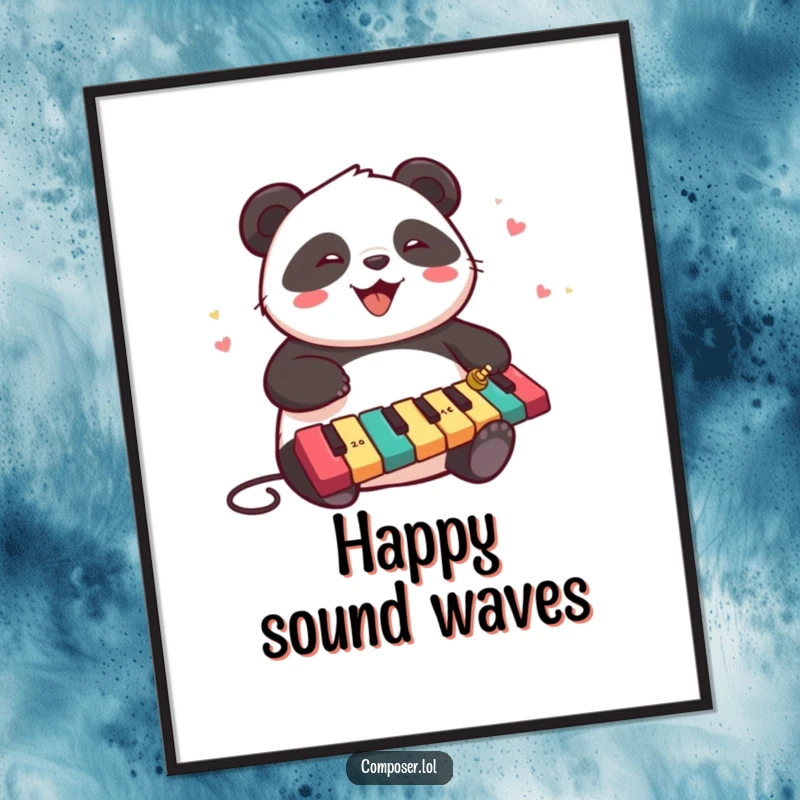 Funny panda character joyfully playing a cascade of xylophone keys, presented as vibrant wall art.