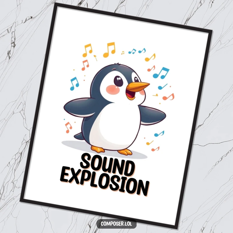 Funny penguin symphony poster, a penguin looking comically surprised as a symphony of sounds erupts, ideal humorous wall art.