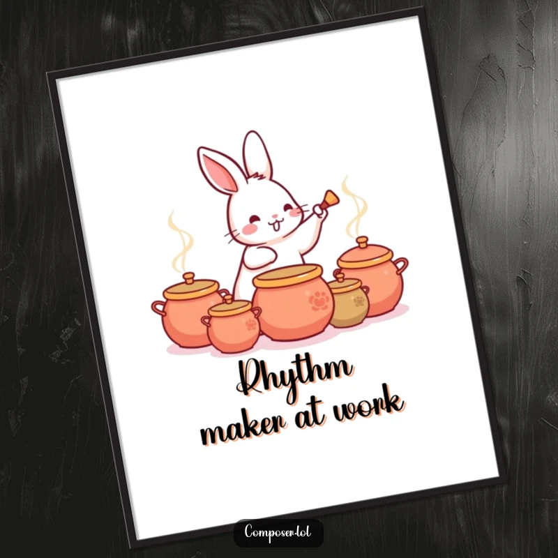 Funny Rabbit Drummer Poster, illustrating a happy rabbit energetically tapping out a rhythmic beat on a collection of diverse pots.