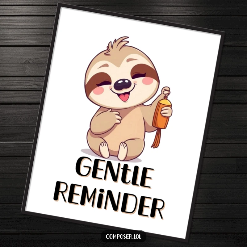 Funny sloth character gently tapping a single chime with a slow, pleased grin, presented as calming wall art.
