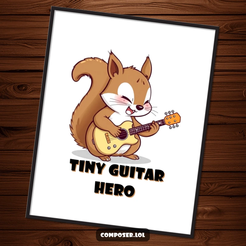 Funny poster art of a determined cartoon squirrel intently tuning a miniature guitar with focused joy, celebrating musical dedication and quirky charm.