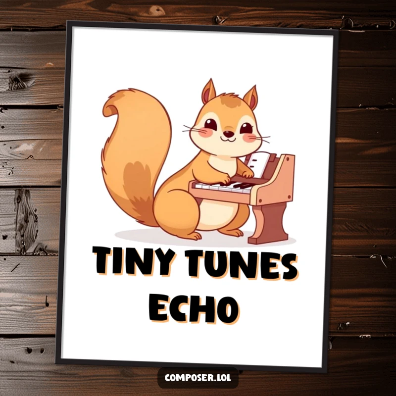 Funny Squirrel Poster: A happy squirrel plays a miniature piano with nimble paws, creating a charming and whimsical musical scene.