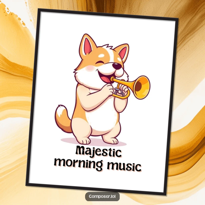 Funny Trumpet Dog Poster: Proud dog with puffed chest playing majestic trumpet, artistic and humorous wall decor gift