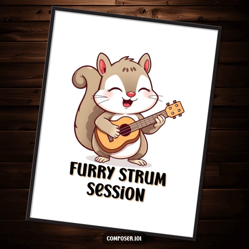 Funny poster of a joyful squirrel lost in music while energetically strumming a small ukulele with eyes shut tight.