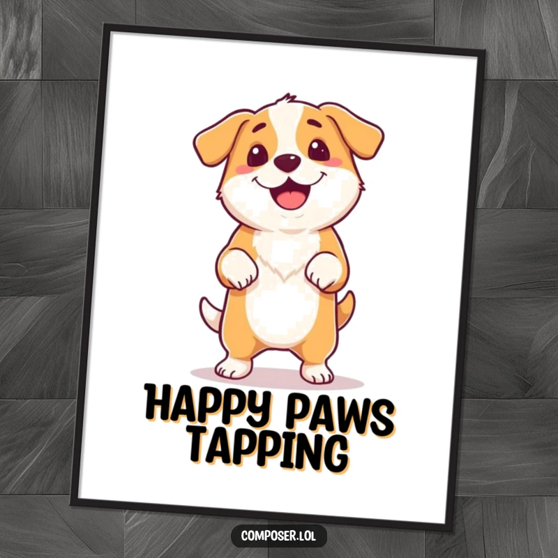 Funny, proud dog tapping its foot rhythmically, tail wagging happily, enjoying unheard music, art print.