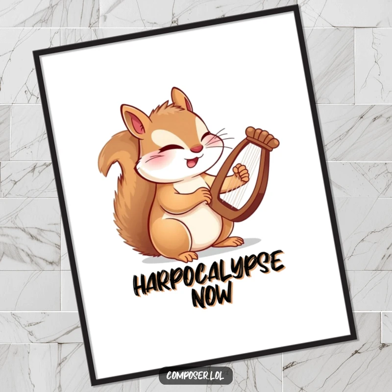 Funny poster of a winking squirrel composer playing a tiny harp with rapid paws, showcasing musical drama and flair.