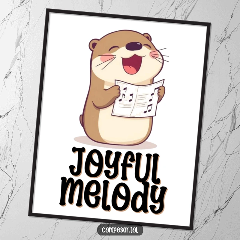 Funny otter singer poster, a happy otter loudly singing with sheet music in its beak, ideal humorous wall art for music fans.