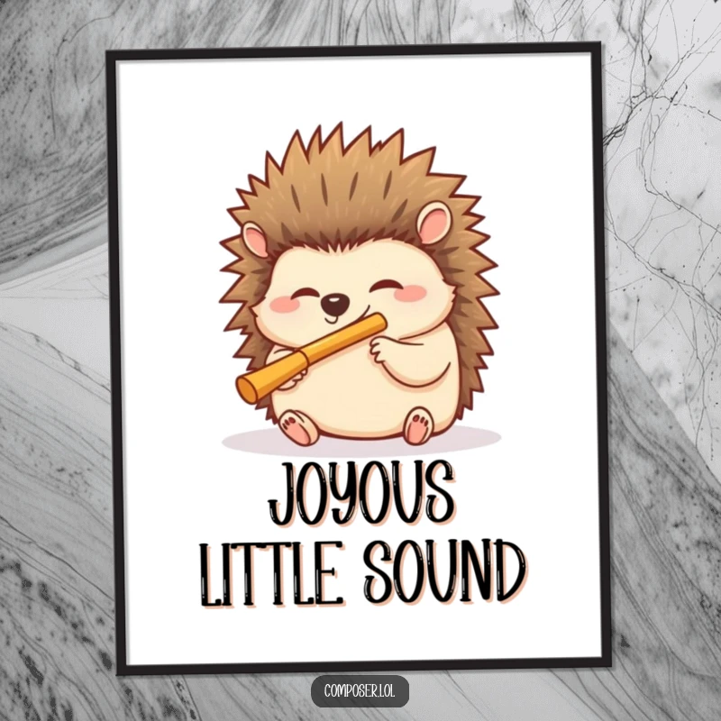 Funny hedgehog poster depicting a giggling hedgehog blowing into a miniature flute with delight, humorous and cheerful wall art.