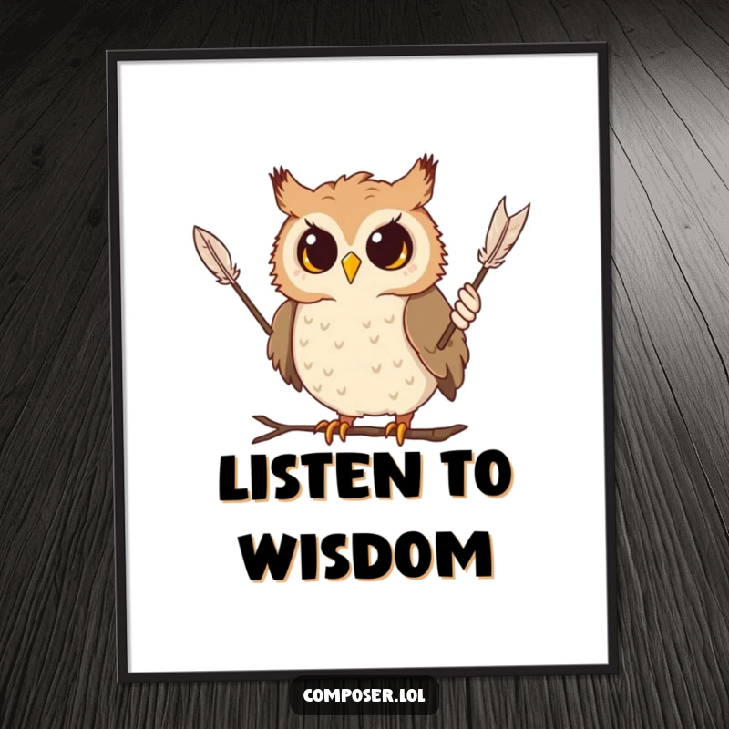 Funny owl poster showing a curious owl dramatically conducting with a feather baton, a humorous piece of art.