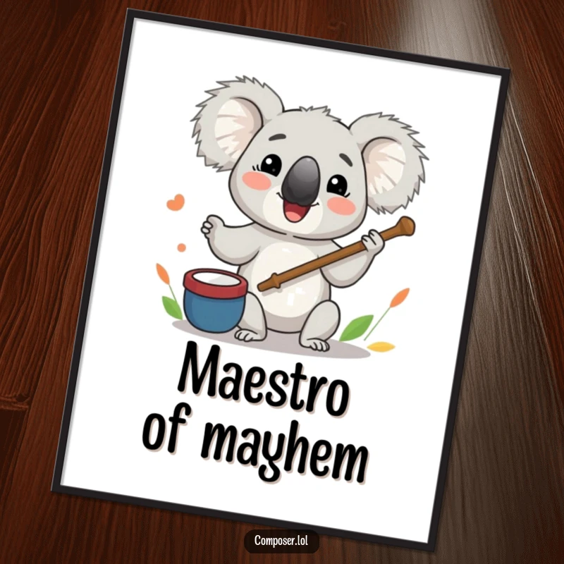 Funny Koala Poster: A koala character energetically leads an orchestra with a twig baton, radiating musical enthusiasm.