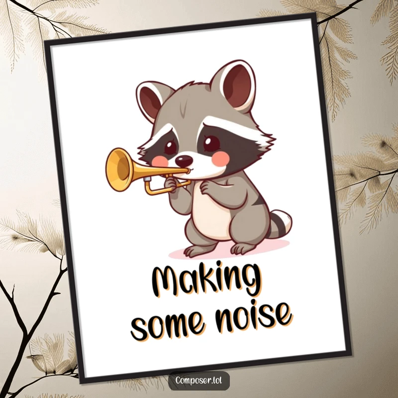 Funny Raccoon Trumpet Poster: a playful raccoon blows into a tiny trumpet with puffed cheeks, perfect for decor.