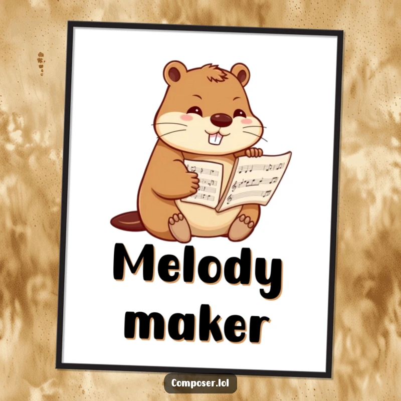 Funny beaver composer poster, a determined beaver meticulously arranging sheet music, ideal humorous wall art for musicians.