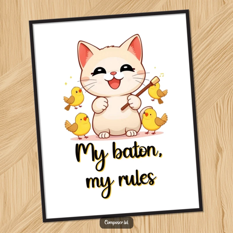 Funny Cat Conductor Poster, illustrating a cheerful cat enthusiastically directing a chaotic yet harmonious symphony of birds.