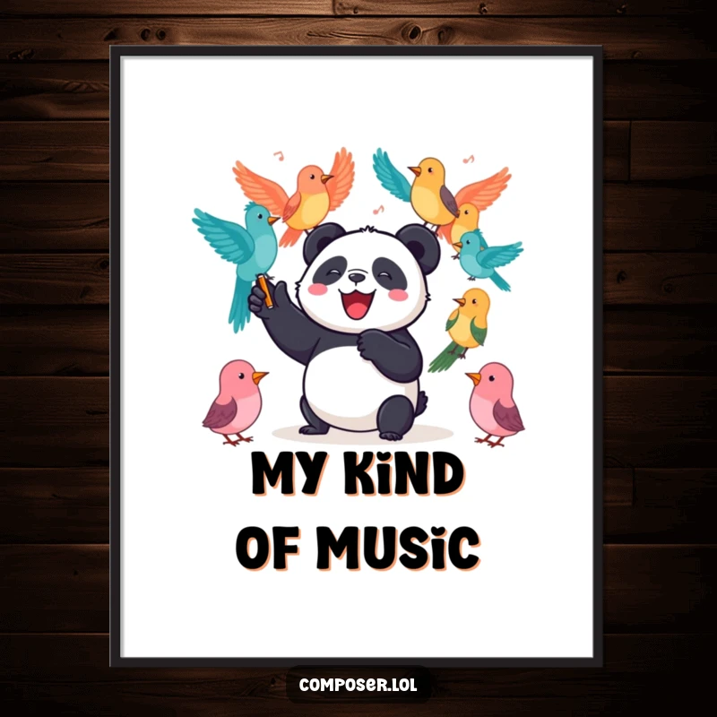 Funny Panda Poster: A joyful panda enthusiastically conducts a colorful orchestra of birds, creating a lively and humorous music scene.
