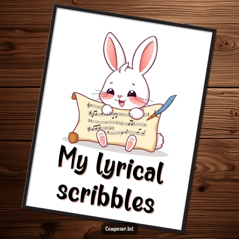 Funny Rabbit Composer Poster - A giggling rabbit writing musical notes, whimsical wall art for music and animal lovers.