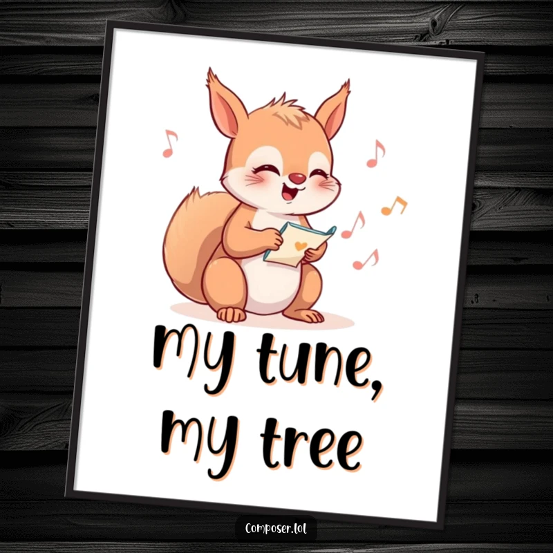 Funny Squirrel Composer Poster, illustrating a delighted squirrel giggling while diligently writing musical notes.