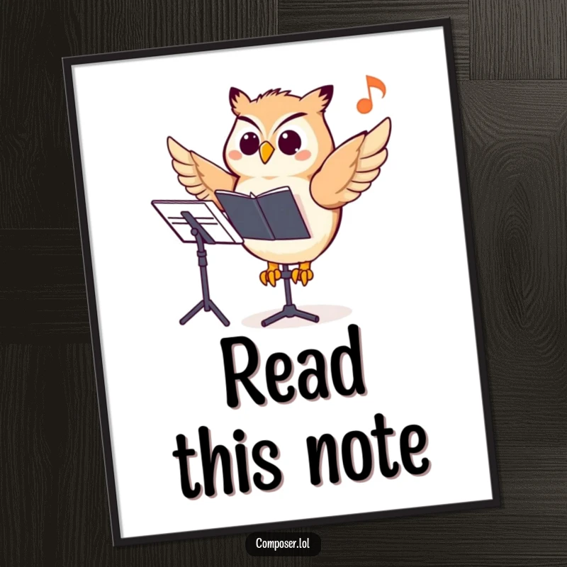 Funny owl composer poster, a wise owl perched and pointing at a musical note, inspiring focus and creativity.