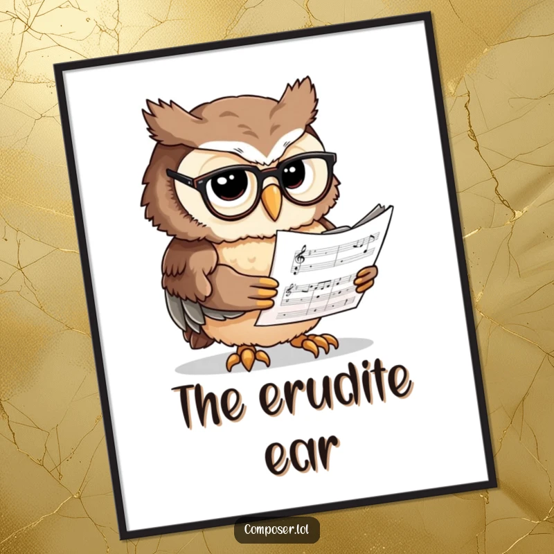 Funny Owl Scholar Poster - An owl in spectacles reading music, wise and humorous wall art for scholars and music fans.