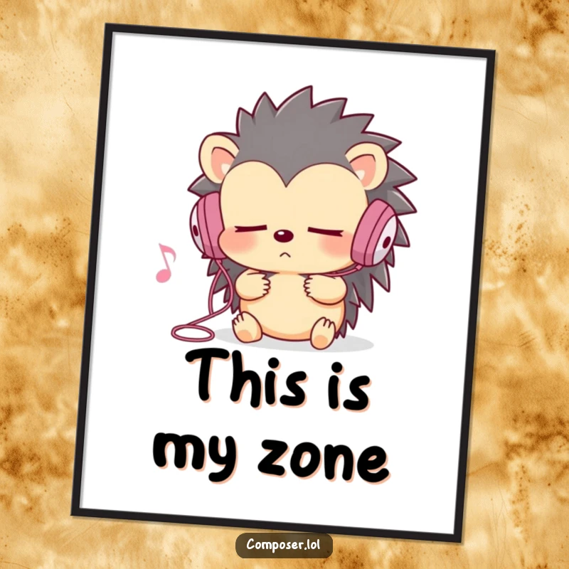 Funny hedgehog art poster, eyes closed, earbuds in, deep in music listening, vibrant wall decor.
