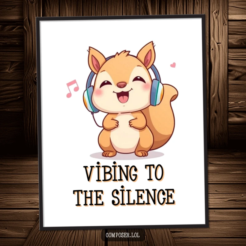 Funny Squirrel Music Poster: Cheerful rodent with headphones, head bopping to unheard melody, lively wall art gift
