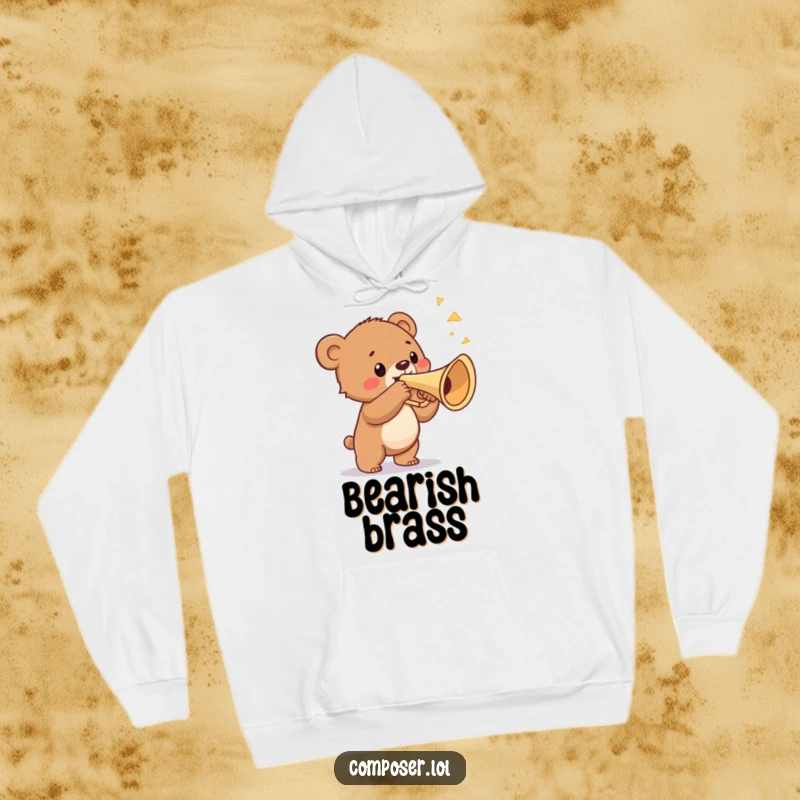 Funny hoodie with a proud bear cub blowing a triumphant fanfare on a ridiculously large trumpet, offering cozy warmth and bold musical expression.