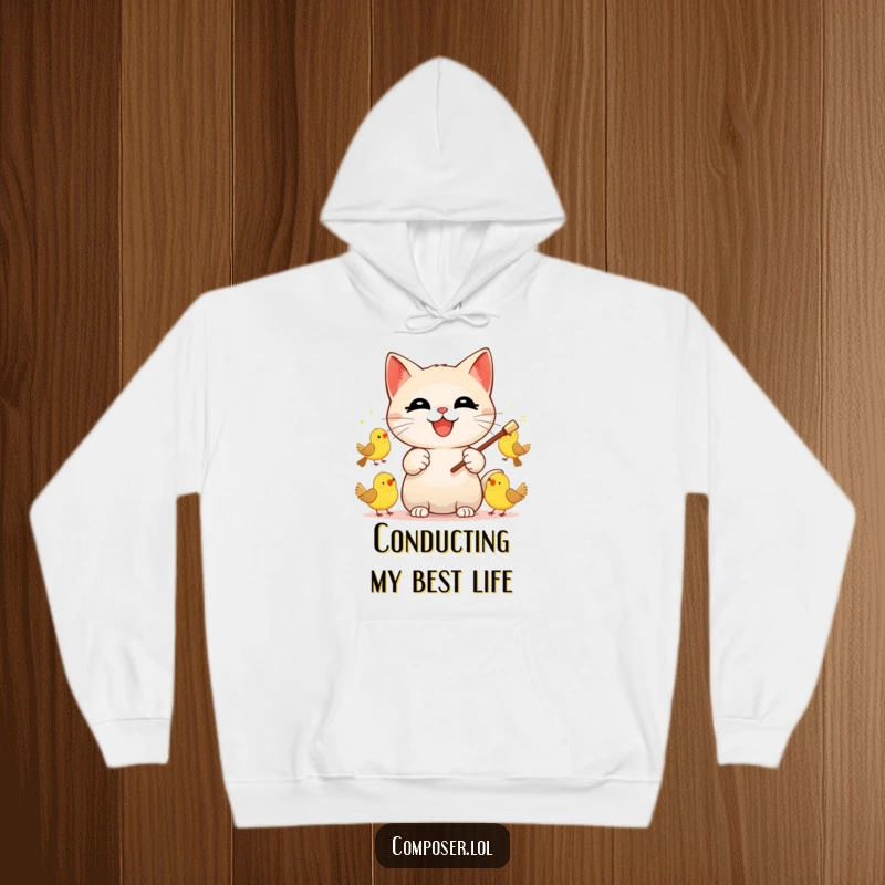 Funny Cat Conductor Hoodie, depicting a blissful cat directing a lively symphony of birds with energetic baton movements.