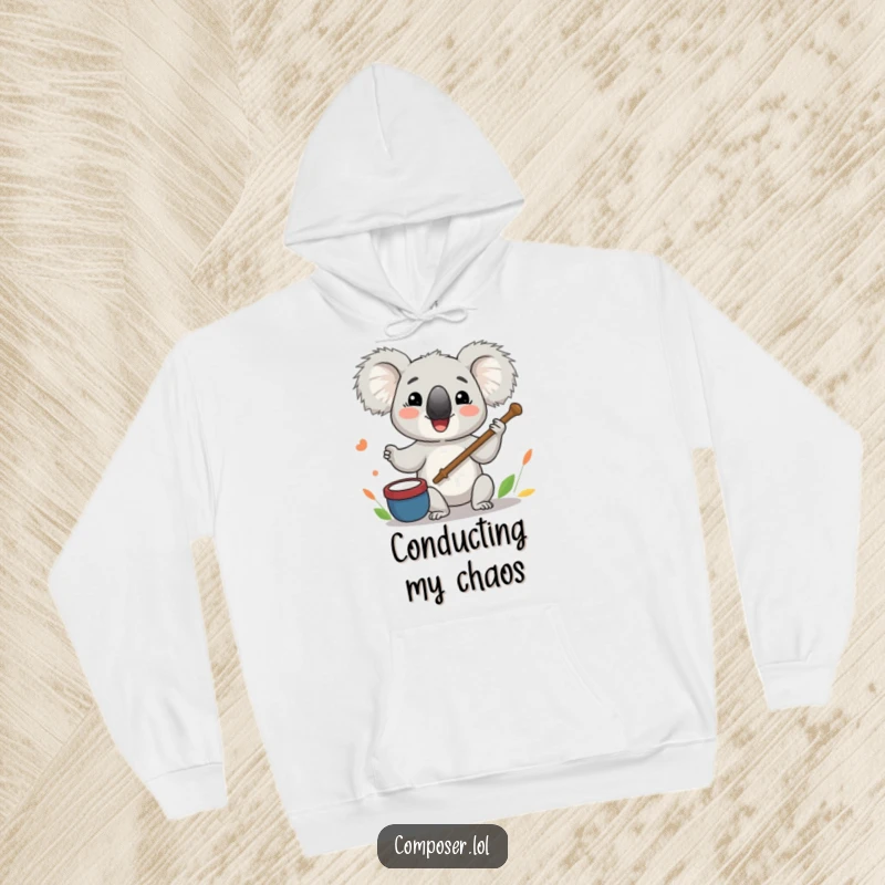 Funny Koala Hoodie: A cheerful koala character enthusiastically leads an orchestra using a twig baton, embodying musical passion.