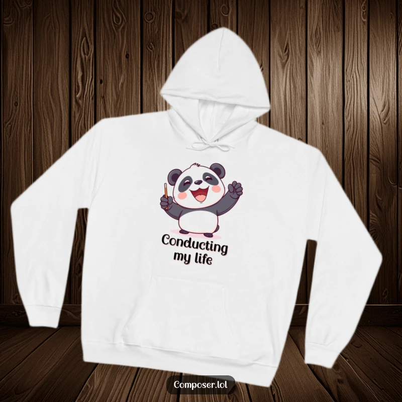 Funny Panda Conductor Hoodie - A smiling panda artistically waving a baton, conducting an invisible orchestra, a humorous apparel choice.