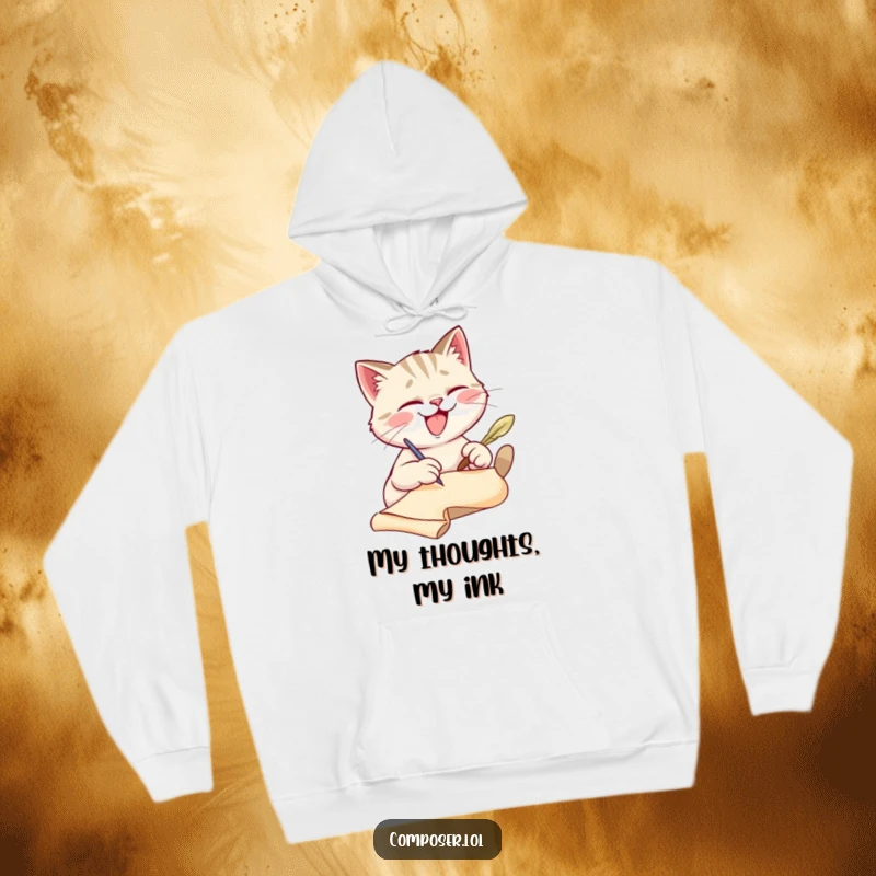 Funny cat scribe hoodie, depicting a cat engrossed in writing, perfect for cool evenings. A warm, funny gift.