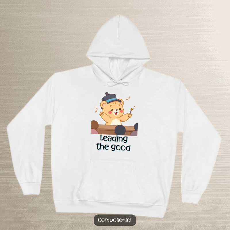 Funny Hoodie showing a happy cartoon bear cub wearing a smart hat and conducting an invisible orchestra with glee.