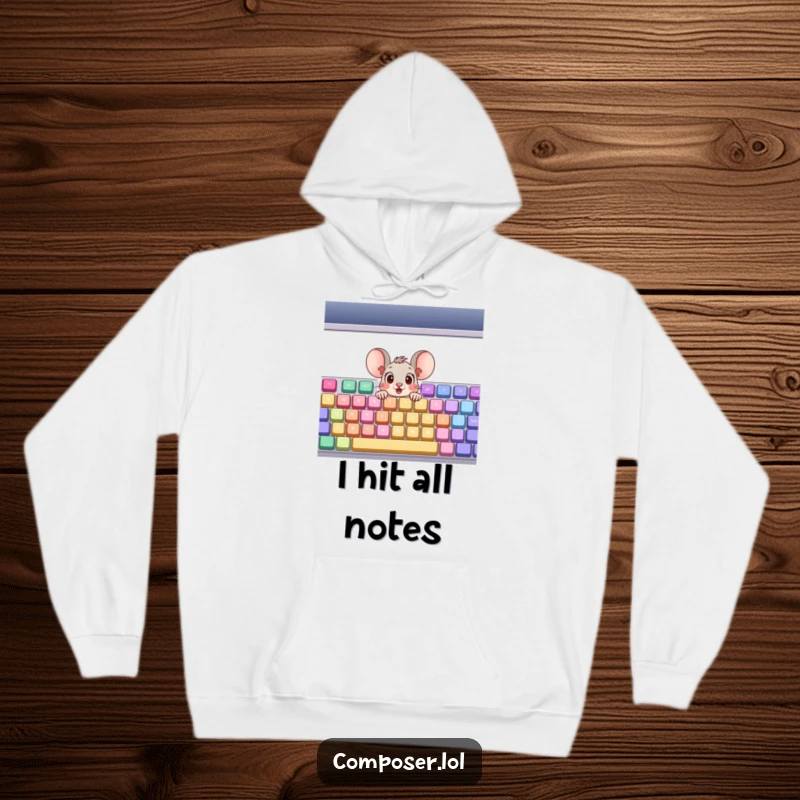 Funny Hoodie: A surprised cartoon mouse peeking out of a giant, colorful musical keyboard, offering cozy warmth and playful charm.