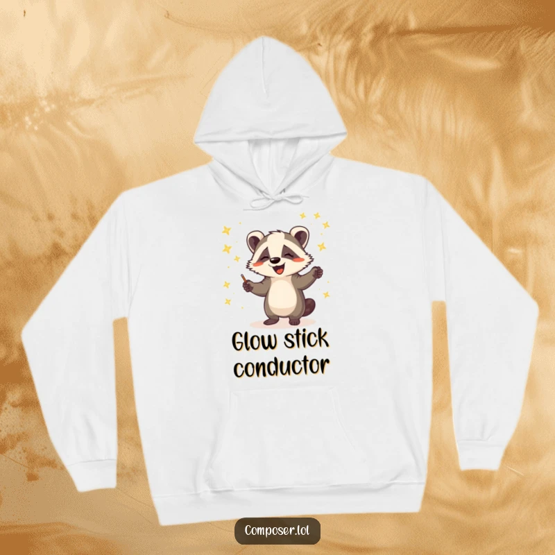 Funny, cozy hoodie featuring a happy badger maestro conducting a spectacular, glowing orchestra of fireflies in a nighttime scene.