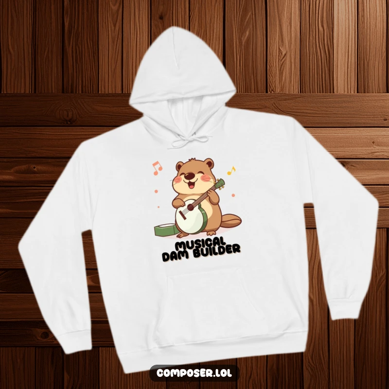 Funny hoodie illustrating a beaming beaver precisely arranging musical instruments with happy, organized movements.
