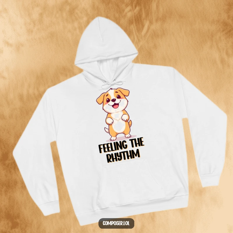 Funny proud dog in a hoodie, tapping its foot rhythmically, tail wagging happily to unheard music.