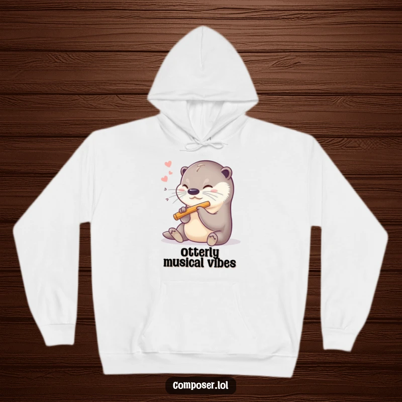 Funny hoodie featuring a sweet otter playing a flute with a happy sigh, designed for comfort.