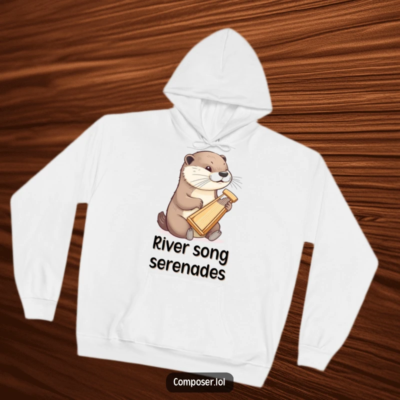 Funny otter hoodie featuring a determined otter playing a tiny harp with delicate finesse, cozy and humorous apparel.