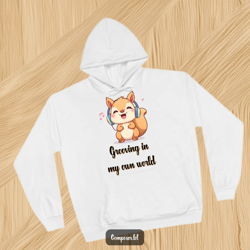 Funny Squirrel Hoodie: Cheerful rodent with headphones, head bopping to music, comfortable and humorous gift