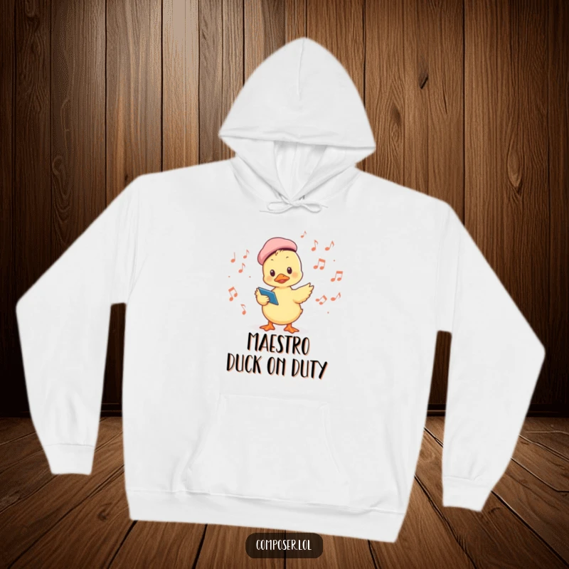 Funny hoodie featuring a duckling conductor in a beret leading musical notes, offering cozy comfort and whimsical charm.