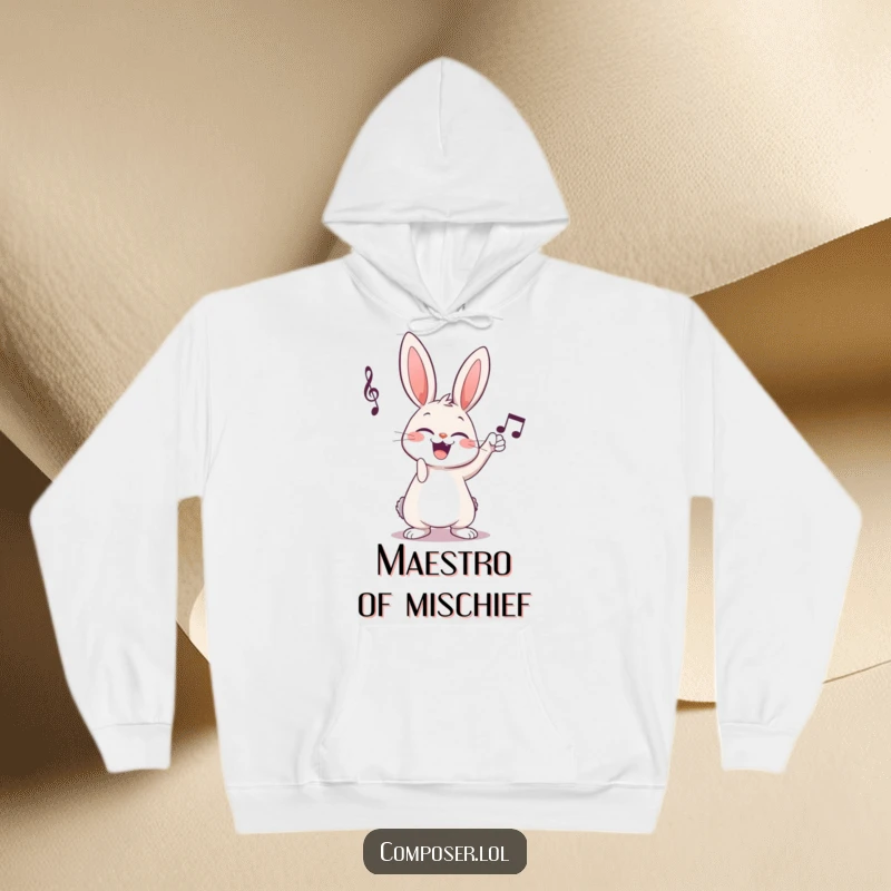 Funny cartoon rabbit composer tapping musical notation with a flourish on a cozy hoodie, a warm musical joke.