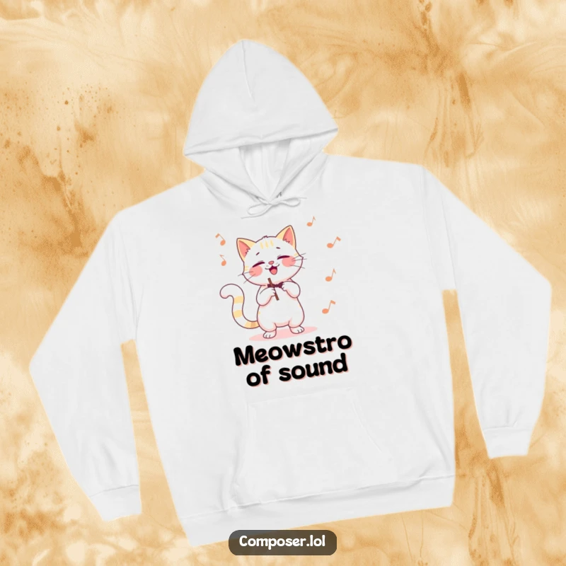 Funny cat composer hoodie, a giggling cat conducting with its tail, offering warmth and humorous musical style.