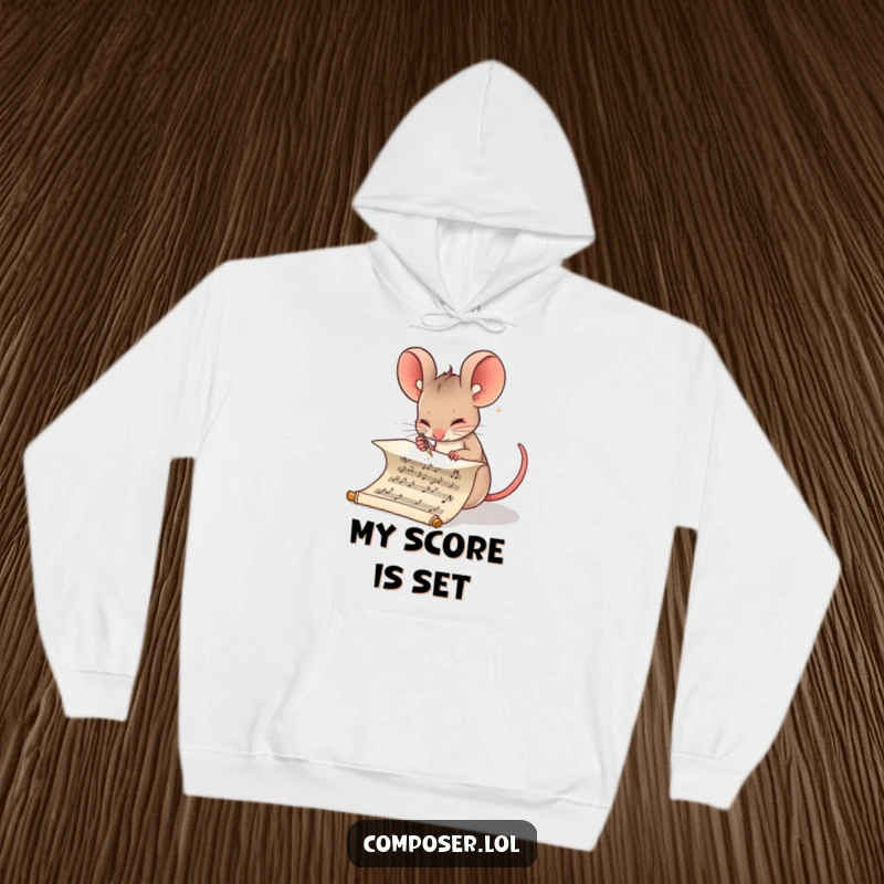 Funny Composer Mouse Hoodie: Determined mouse meticulously writing musical notes on a scroll, comfortable and humorous wear
